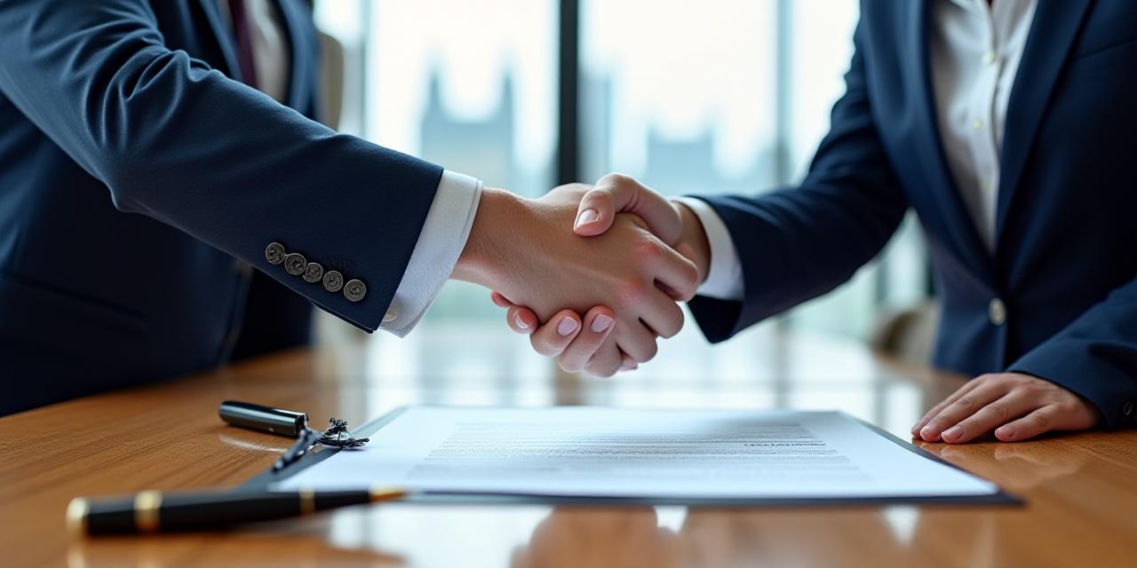 Two professionals shaking hands over a signed contract in a corporate London office