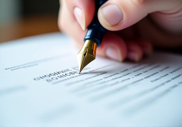 Close up of a legal professional reviewing a document with a fountain pen