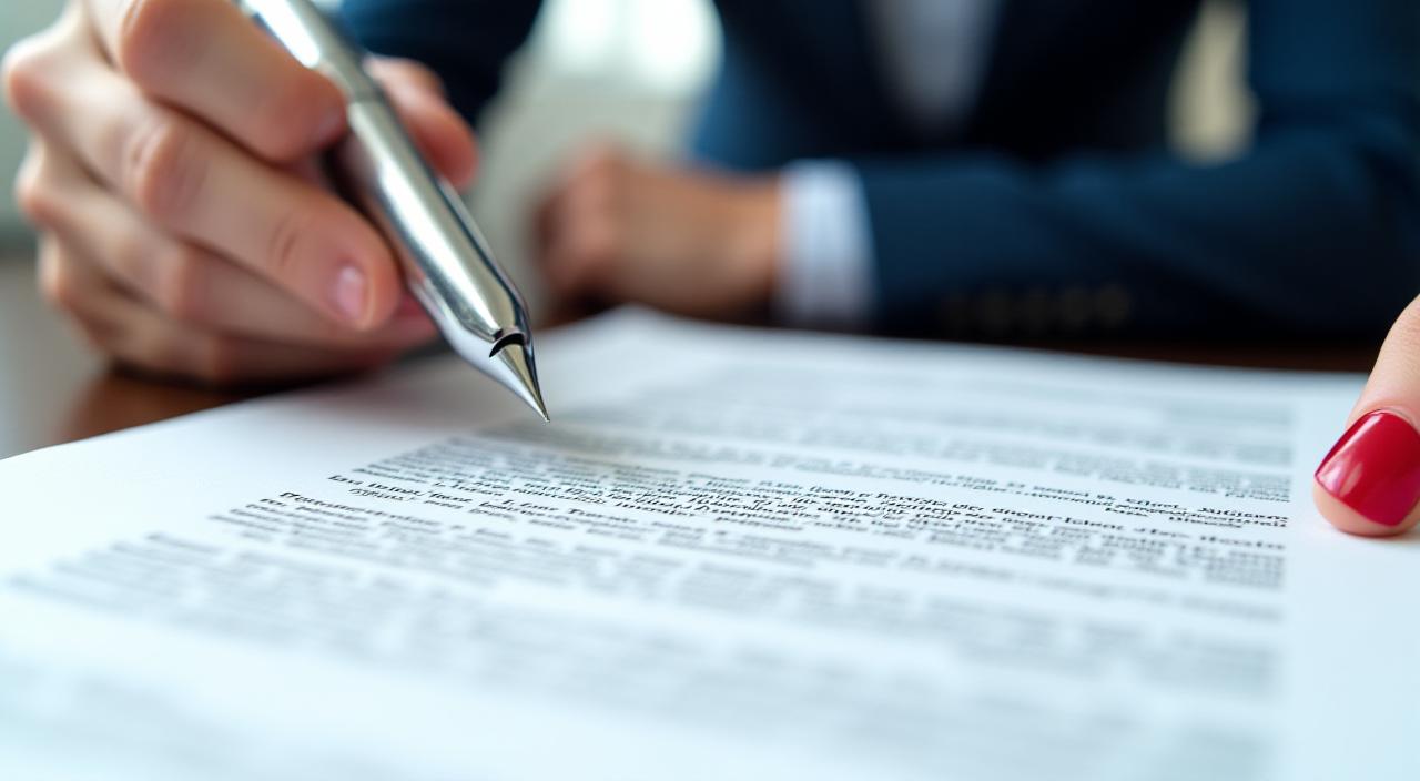 Close up of a professional reviewing a legal document with a fountain pen