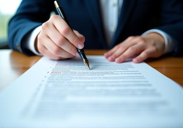 Legal professional reviewing a complex contract