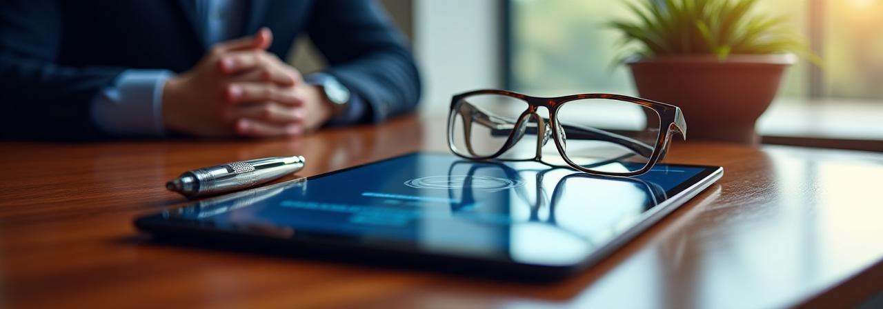 Close up of a professional wooden desk with a digital tablet showing security icons and a pair of spectacles